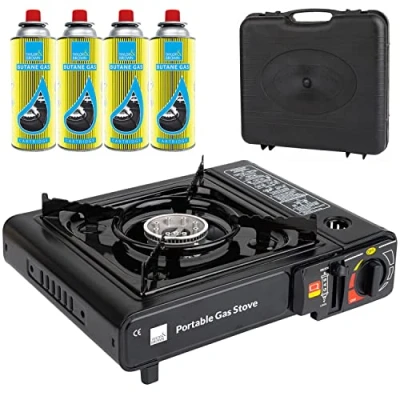 Image of Taylor &amp; Brown Black Portable Camping Stove with Cary Case 4 Butane Gas EN417 Compliant Premium Automatic Ignition Heat Control
