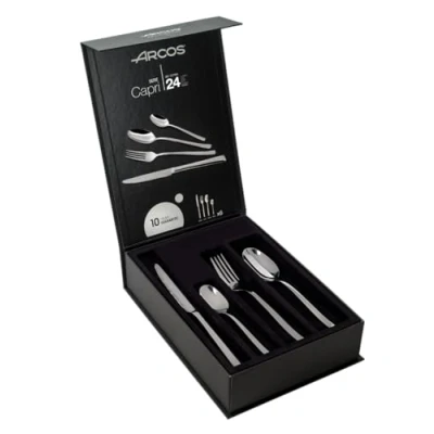 Image of Arcos Series Capri Gift Case Flatware Set 24 Pieces (6 Knives + 12 Spoons 6 Forks) Monoblock of one Piece Stainless Steel Silver Color