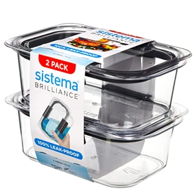 Image of Sistema Brilliance Leakproof Food Storage Container Stain and Odour Resistant Microwave Steam Vents 920 ml BPA Free Grey Clips 2 Count