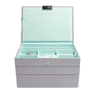 Image of Stackers Dove Grey with Mint Green Classic Medium Jewellery Box, Set of 3