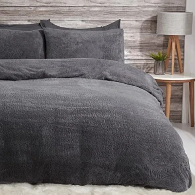 Image of Sleepdown Teddy Fleece Duvet Cover Quilt Bedding Set with Pillow Cases Thermal Warm Cosy Super Soft Charcoal King