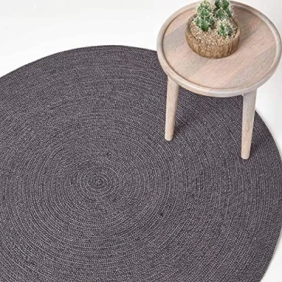 Image of HOMESCAPES Grey and Black Handwoven Braided Melange Rug 200cm Round Pattern Large Cotton