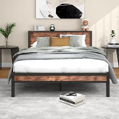 Image of Diahomy King Size Bed Frame Metal Platform with Wood Headboard/Mattress Base/Underbed Storage/No Box Spring Needed/Brown/208x150cm