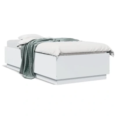 Image of vidaXL Single Bed Frame with LED Lights White 90x200 cm Engineered Wood Plywood Slats for Bedroom, Sturdy Structure, and Modern Style