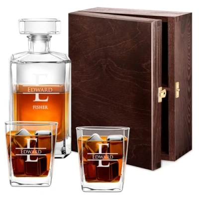 Image of Maverton Whiskey Decanter Set of 2 Glasses You can Personalise Tumblers as Gift 700 ml Universal Carafe Monogram