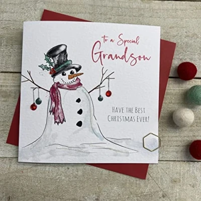 Image of GRANDSON SNOWMAN CHRISTMAS CARD, HANDMADE BY WHITE COTTON CARDS (C22 14 &amp; XC22 14)