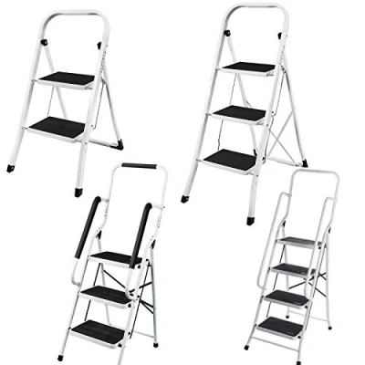 Image of Portable Foldable 4 Step Steel Ladder Anti Slip Feet Heavy Duty Stool 150KG Max Capacity Safety Folding Design Ideal for Home/Kitchen/Garage