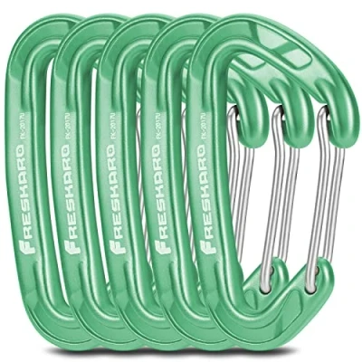 Image of FresKaro 5pack Carabiner Clips, Carabina clip Medium Duty, Aluminium Karabiner Small Sturdy, Quick Release Spring Snap Wire gate Hook, 8kN 816kg, for Key Keyring Camping, bottle holder, Mini, Green