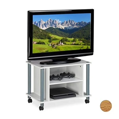 Image of Relaxdays Stand on Castors, 2 Compartments, TV Rack, Mobile Coffee Table, HxWxD: 45x60x40 cm, White Silver, PB, Paper, plastic, 45 x 60 40 cm