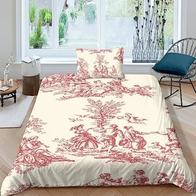 Image of LENTLY Motif of Toile De Jouy Duvet Cover Sets 3D Quilt Cover, Comforter Bedding Set for Kids Boys And Girls 2 Piece with Zipper Closure Soft Microfiber Single（135x200cm）