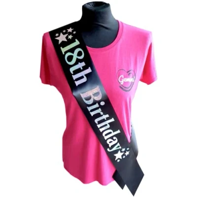 Image of 18 Birthay Sash Black 18th Birthday Star Beautiful Quality Ribbon and Holographic Silver Font