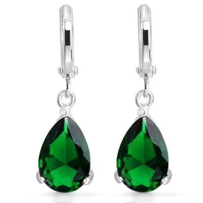 Image of Crystalline Azuria Women 18ct White Gold Plated Teardrops Green Simulated Emerald Zirconia Crystals Dangle Earrings