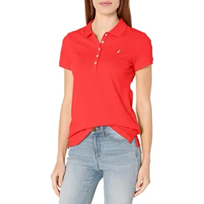 Image of Nautica Women&#039;s 5 Button Short Sleeve Breathable 100% Cotton Polo Shirt, Hibiscus, M