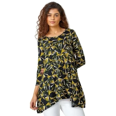 Image of Roman Originals Hanky Hem Tunic Top for Women UK Ladies Longline Blouse Asymmetric Hemline Casual Slouch Loose 3/4 Sleeves Round Neck Relaxed Comfortable Holiday Yellow Black Size 10