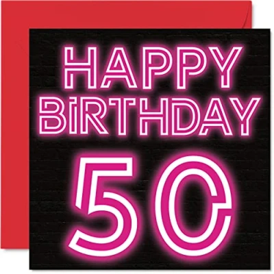Image of Fun 50th Birthday Cards for Men Woman Neon Glow Happy Card Dad Mum Grandad Nanny Grandma Uncle Auntie Cousin Friend, 145mm x Greeting Cards,