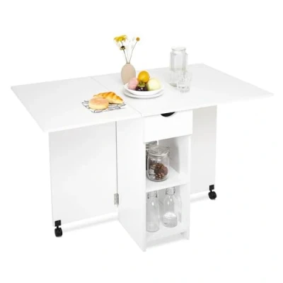 Image of Mondeer Mobile Folding Dining Table, Drop Leaf Table with 1 Drawer and 2 Open Storage Shelves for Small Space Room Kitchen, White