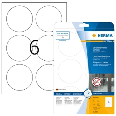 Image of HERMA Self Adhesive Film Labels, 6 Labels per A4 Sheet, 25 Sheets, Ø 85 mm, 150 Blank Weatherproof Round Stickers, Sticky Dots for Laser &amp; Inkjet Printer, White