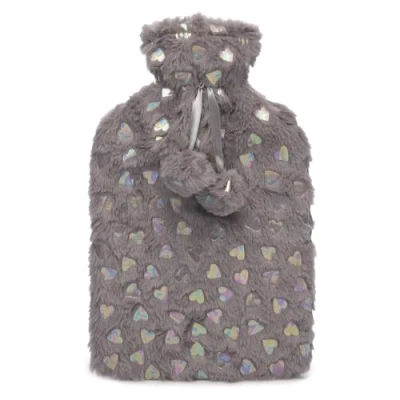 Image of A2Z Hot Water Bottle 2 Litre Metalic Foil Heart Grey Faux Fur Pom Plush Fleece Cover Bag for Pain Relief Cosy Nights and Relaxation