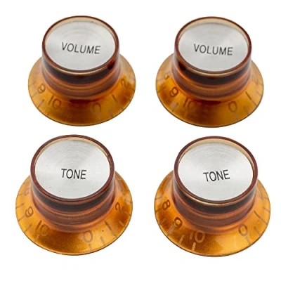 Image of Musiclily Pro Metric Size Guitar Reflector Knobs Top Hat Bell 2 Volume Tone Set for Epiphone Les Paul SG Electric Guitar, Amber with Silver