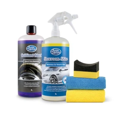 Image of Greased Lightning Bodywork Tyres &amp; Trim Twin Pack Showroom Shine 1L Waterless Wash and Wax Brilliant Black Tyre Restorer Plus 2 Microfibre Cloths + Sponge