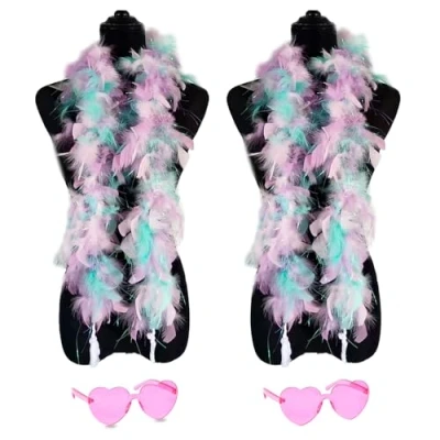 Image of db11 2 Pcs Feather Boas with Heart Rimless Sunglasses，4 ft Boa Halloween Christmas Bachelor Party Pack Accessory (Colorful)