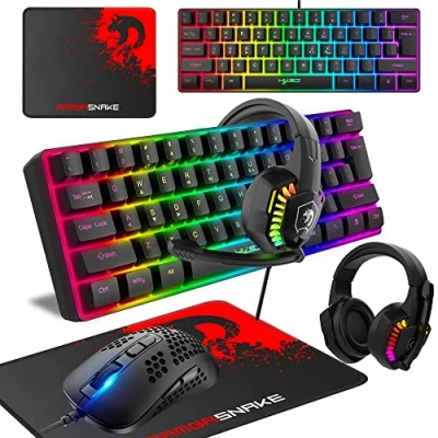 Image of KUIYN Gaming Keyboard and Mouse Set, 60% Wired Compact Mini 61 Keys 11 RGB Backlit Full Anti ghosting Honeycomb Optical Model O Headset Pad for Gamer