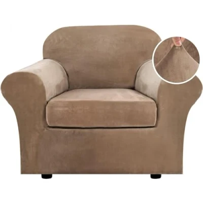 Image of LINGKY Velvet Sofa Cover 1 Seater With Separate Seat Cushion Covers, Stretch Couch Non Slip Slipcovers for Living Room Furniture Protector (Camel,1 Seater)