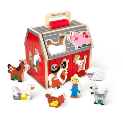 Image of Melissa &amp; Doug Wooden Take Along Sorting Barn Toy with Flip Up Roof And Handle 10 Farm Play Pieces Toys, Shape Stacking Learning Toys For Toddlers Kids Ages 2+
