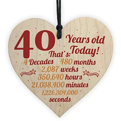 Image of RED OCEAN Novelty 40th Birthday Gift Wooden Hanging Heart Plaque Friendship For Mum Dad Family Sister Brother Keepsake