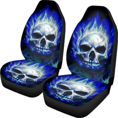 Image of Biyejit Blue Flame Skull Print Car Seat Cover Protector 2 Piece Set Vehicle Auto Accessories Universal Fit Truck