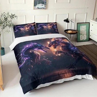 Image of GEEYOU Brave Dragon 3D Comforter Cover Set 3 Piece for Kids Boys Cartoon Duvet Pillowcases Youth Teens Bedding Quilt with Zipper Closure Soft Microfiber Double（200x200cm）