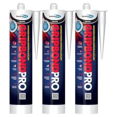 Image of Bond It Gripbond Pro Super Strong Advanced Hybrid Adhesive &amp; Sealant 3x White, 300ml Odourless Non Shrinking Rapid Curing OverPaintable Moist Surface Adhesion