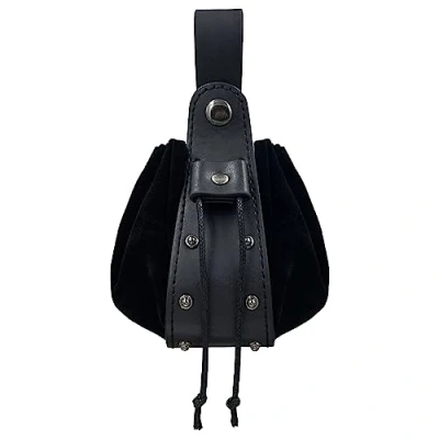Image of HiiFeuer Vintage Medieval Faux Leather Drawstring Pouch, Middle Ages Portable Coin Purse, Rivets Belt Pouch Dice Bag for LARP Ren Faire (Black B)