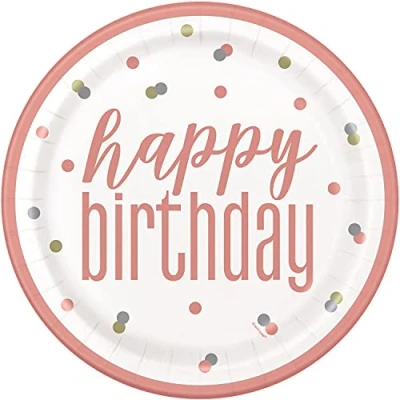 Image of Unique 84892EU Eco Friendly Paper Plates 23 cm Glitz Rose Gold Party 8 Count (Pack of 1), Happy Birthday