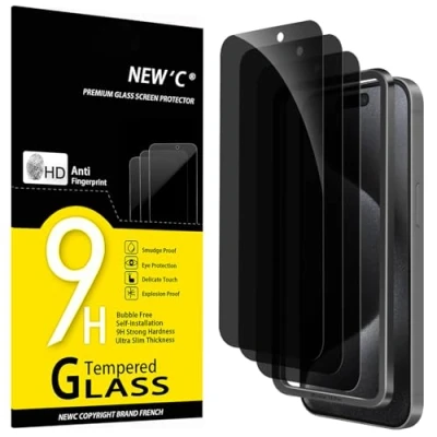 Image of NEW&#039;C 3 Pack Privacy for iPhone 15 Pro Screen Protector (6.1 inches), Anti Spy Tempered Glass Film,Case Friendly Ultra Resistant,Balanced 28 Degree Angle Easy installation tool included