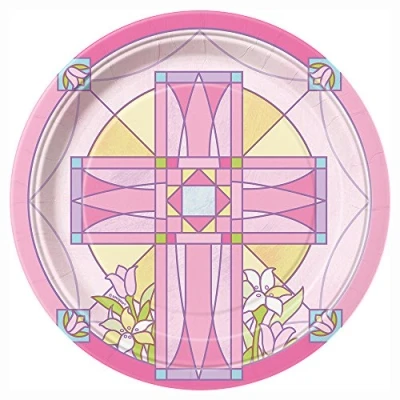 Image of Unique Industries 45114 Pink Sacred Cross Religious Dessert Plates, 8ct, Paper