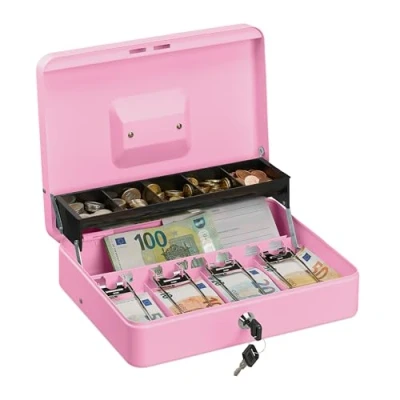 Image of Relaxdays Cash Box, Coin Counter Tray Lockable Portable Change &amp; Notes, H x W D: 8.5 30.5 24.5 cm, Iron, Pink