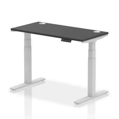 Image of Air 1200x600mm Height Adjustable Desk Black Top Cable Ports Silver Leg