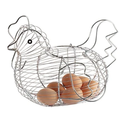 Image of Ouken Chrome Plated Chicken Shaped Wire Egg Storage Basket Holder Rack