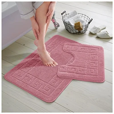 Image of GC GAVENO CAVAILIA Greek Key Pattern Bath Mats 2 Piece Sets Non Slip, Soft Washable Rug Quick Dry Water Absorbent Bathroom Shower Mat &amp; Pedestal Set, Dusty Pink