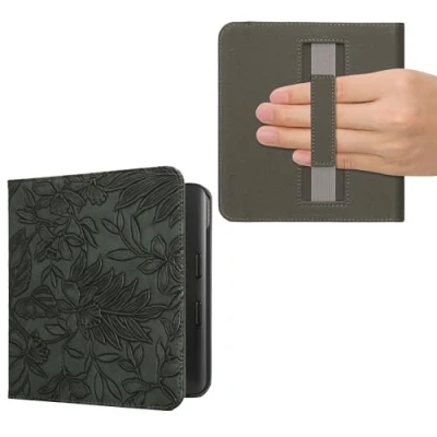 Image of kwmobile Case Compatible with Kobo Libra Colour PU Cover w/Strap Embossing Flowers Green