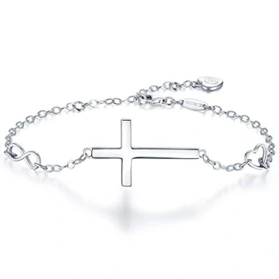 Image of BlingGem Women 18ct White Gold Plated 925 Sterling Silver “In Good Faith Religious Sideways Cross Bracelet Chain Adjustable