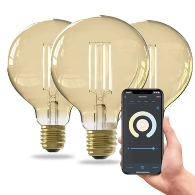 Image of CALEX Smart Filament Bulb E27, 3 Pack, WiFi LED G95 Bulb, Warm White Light, Gold, App and Works with Amazon Alexa Google Home, 7W