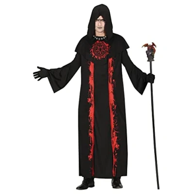 Image of FIESTAS GUIRCA Dark Wizard Halloween Costume for Men Satanic Priest Hooded Robe Mens Fancy Dress Costumes Adult Size L 42 44