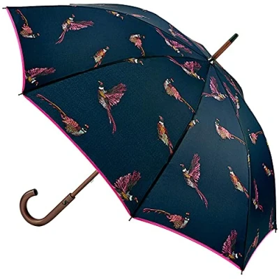 Image of Joules Pheasant Pink &amp; Navy Kensington Wooden Crook Handle Walking Umbrella
