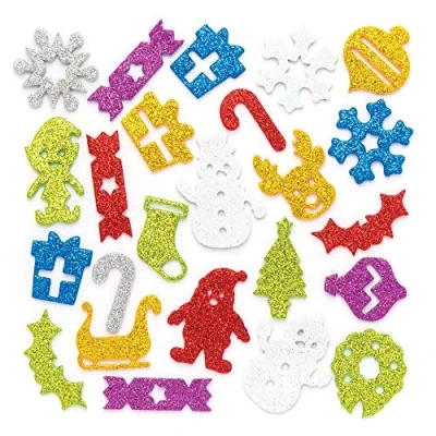 Image of Baker Ross AR764 Christmas Glitter Foam Stickers for Kids&#039; Crafts and Art Projects, Cards, Party Bags, Decorations (Pack of 100)