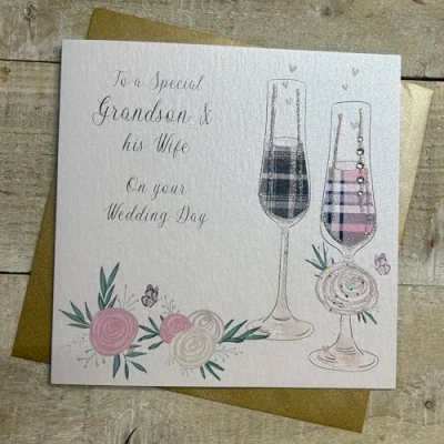 Image of WHITE COTTON CARDS GRANDSON &amp; WIFE TARTAN FLUTES WEDDING CARD, HAND FINISHED (D193)