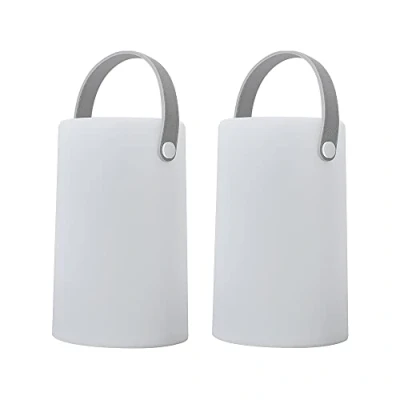 Image of MiniSun Set of 2 Contemporary IP44 Rated Outdoor Garden White Cylinder Lantern Table Lamps with an Integrated Rechargeable RGB Colour Changing LED