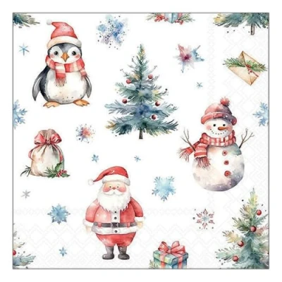 Image of 20 Napkins Christmas Santa, Snowman and Penguin Table Decoration Paper with Motif Also for Decoupage 33 x cm