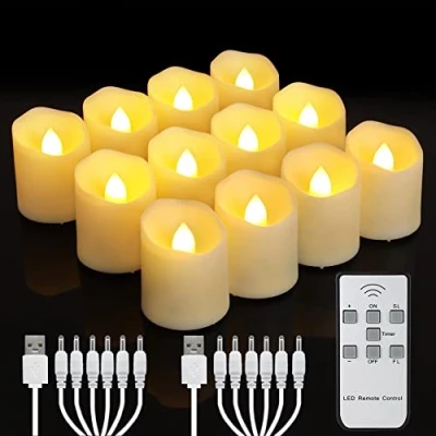 Image of yunsheng Pack of 12 Rechargeable LED Tea Lights with Remote Control Timer, Flameless Flickering Candles, Warm White Light, Halloween, Christmas, Home, Wedding Decoration (with 2 USB